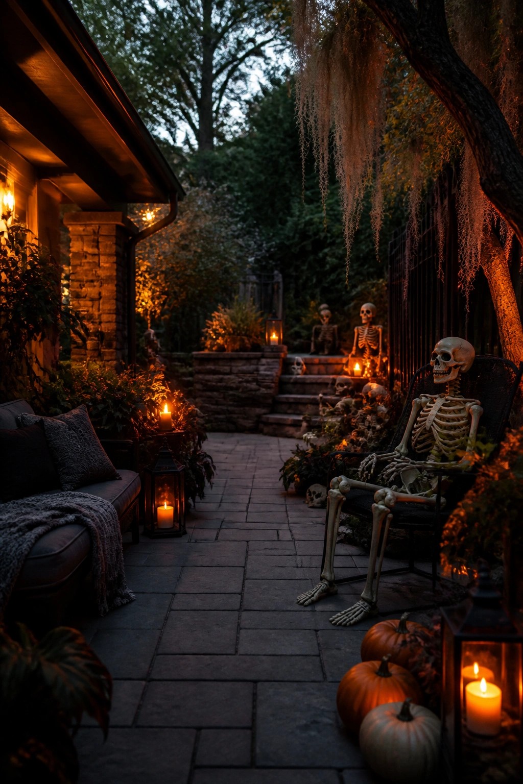 Skeleton in chair on candlelit patio with pumpkins, lanterns, and hanging moss