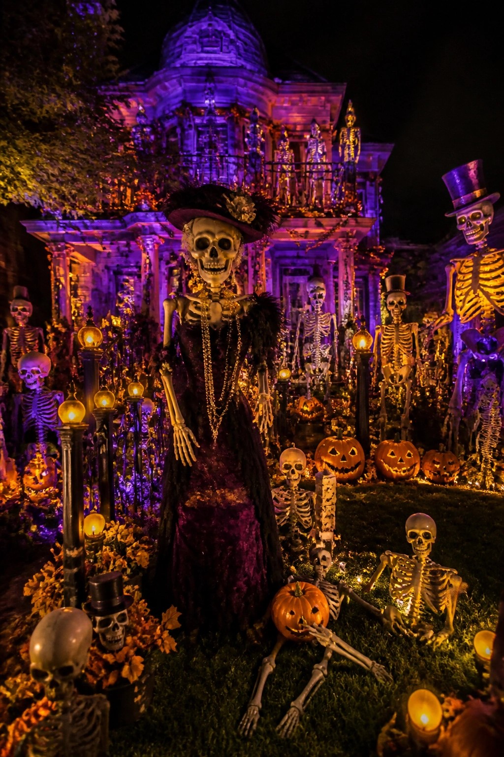 A front yard filled with multiple human skeletons in clothing and hats, some posed standing and others on the grass, surrounded by carved jack-o'-lanterns at night.