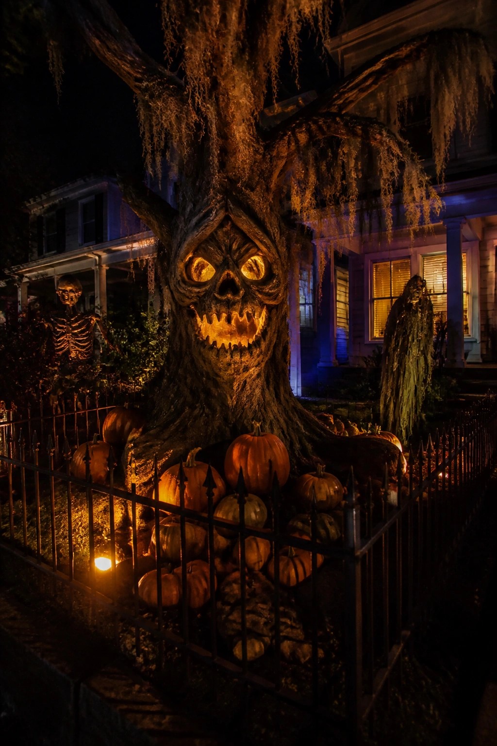 Glowing carved tree face with pumpkins and skeletons before dark house at night