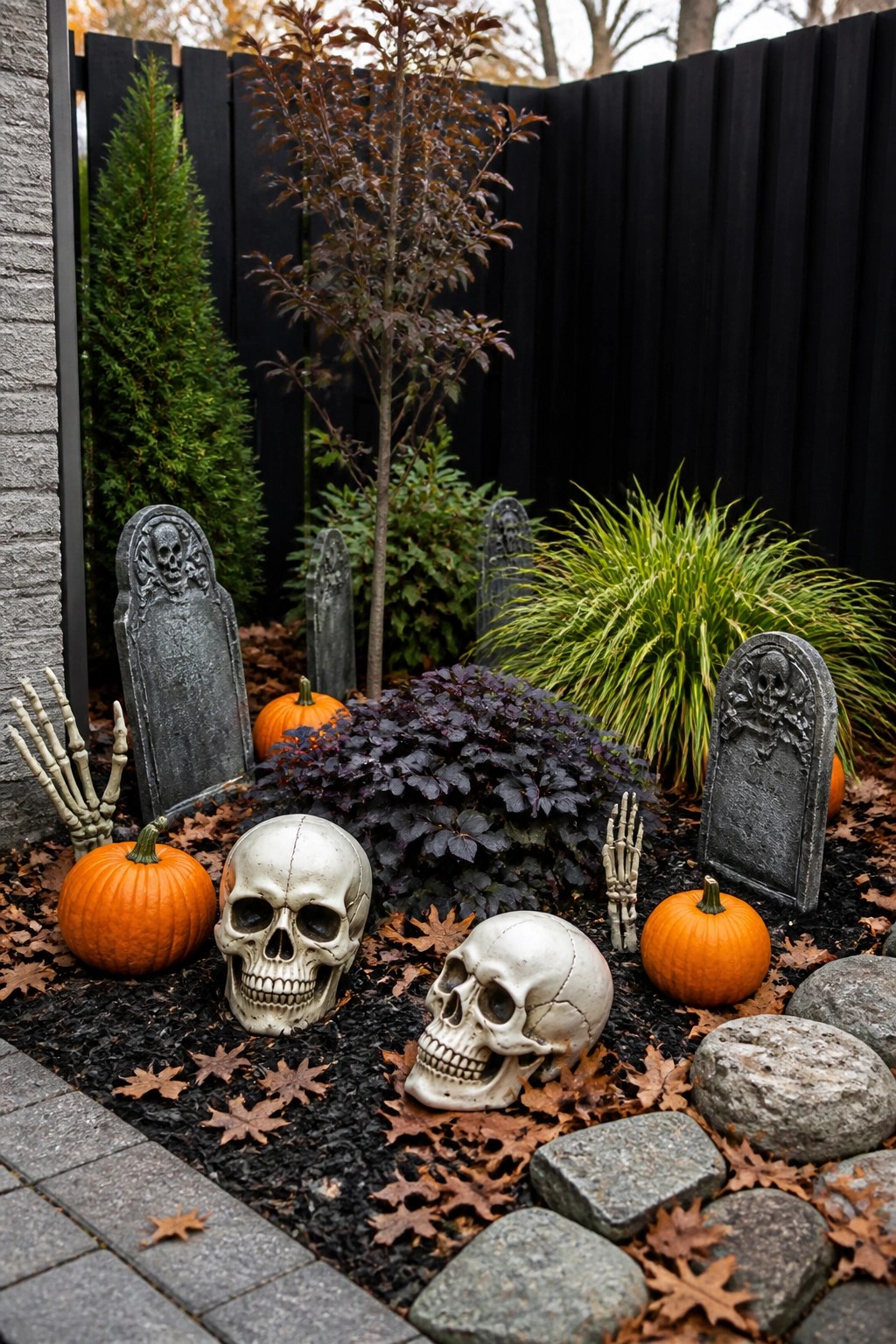Backyard garden bed styled as a graveyard with several gray tombstones, white skulls, skeleton hands, and orange pumpkins placed among dark mulch and plants.