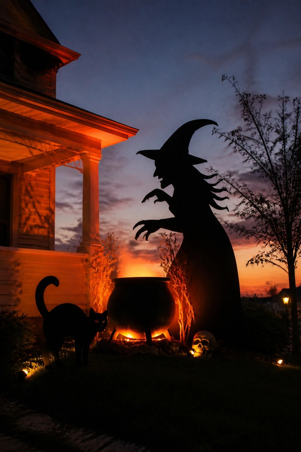 Silhouetted witch over glowing cauldron with black cat and skull at dusk