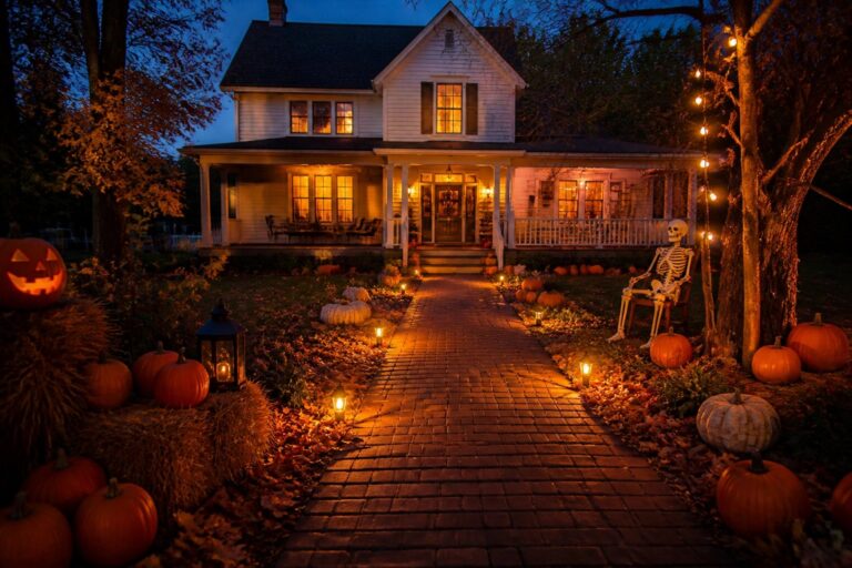 25 Spectacular Halloween Yard Display Ideas You Have to See White house porch and front lawn lined with carved jack-o'-lanterns and a few lanterns at dusk.