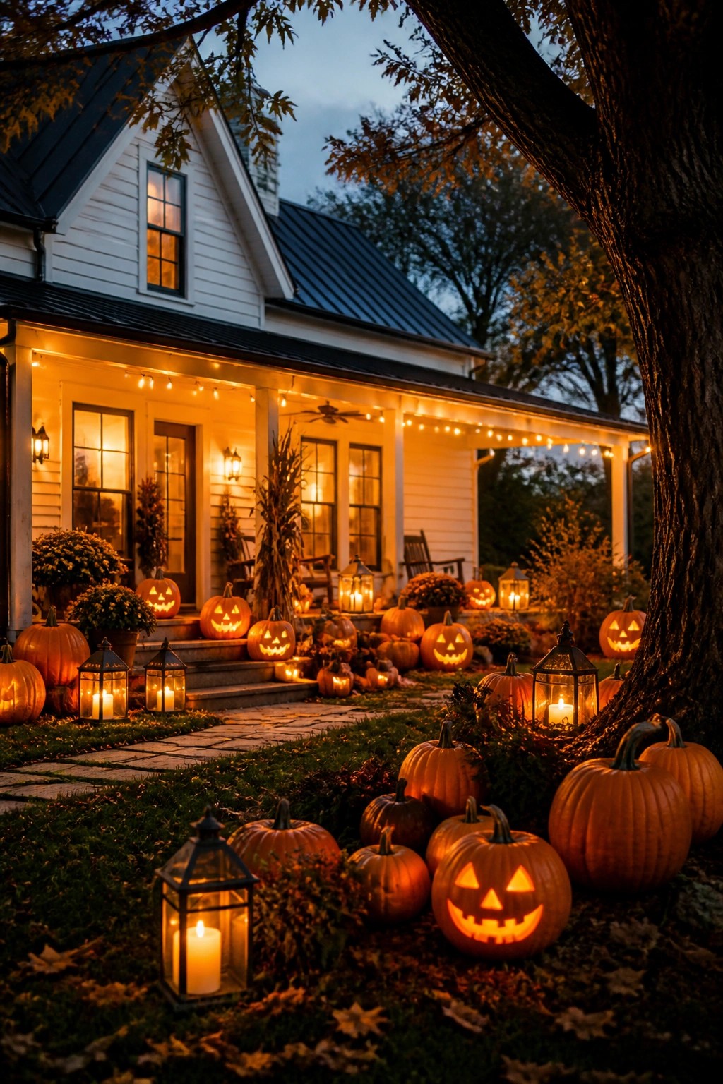 White house porch and front lawn lined with carved jack-o'-lanterns and a few lanterns at dusk.