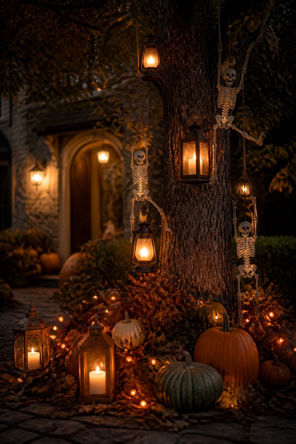Yard tree decorated with hanging skeletons holding lanterns and surrounded by pumpkins and string lights at night.