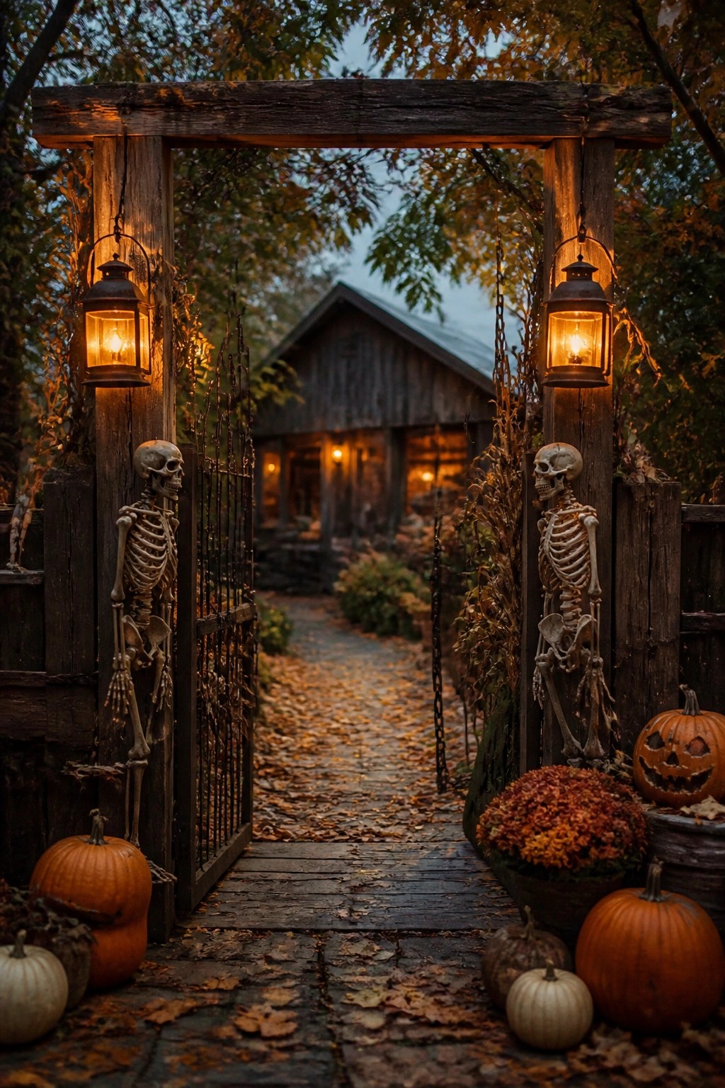 Rustic wooden gate with skeletons, glowing lanterns, pumpkins, and autumn leaves on path.