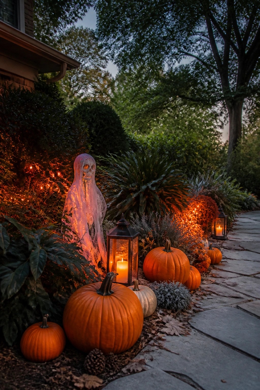 Stone walkway beside a house decorated with a large illuminated ghost figure, several orange pumpkins, and lit black lanterns among garden plants.