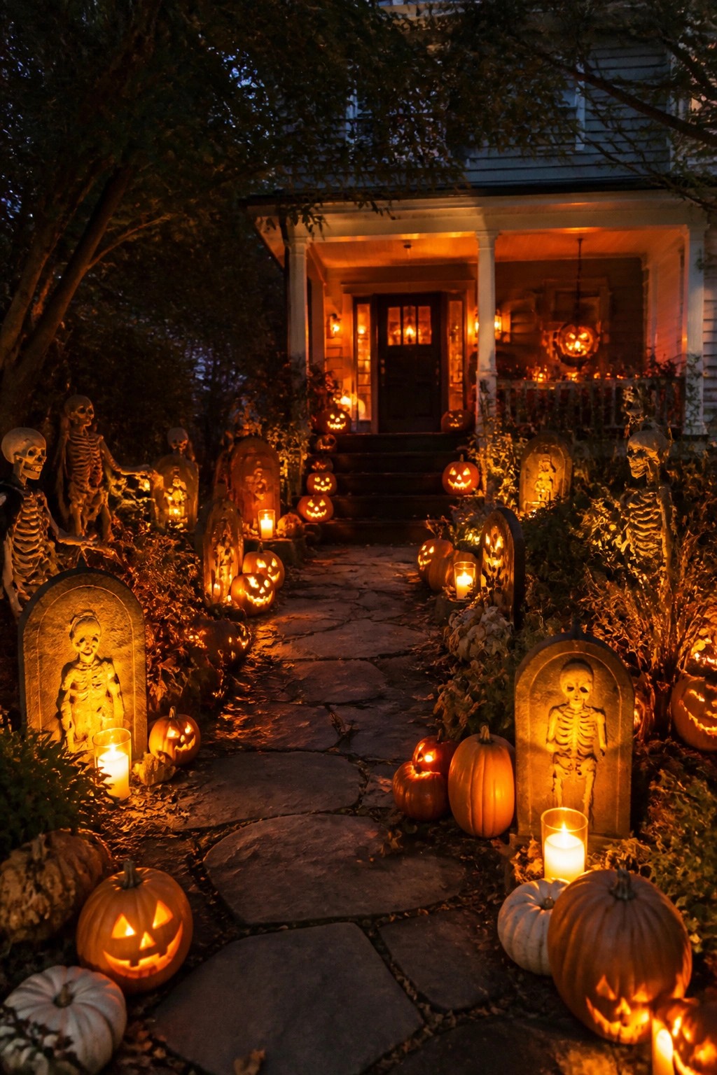 Stone walkway lined with skeleton figures and carved tombstones, surrounded by lit jack-o'-lanterns leading to a house porch.