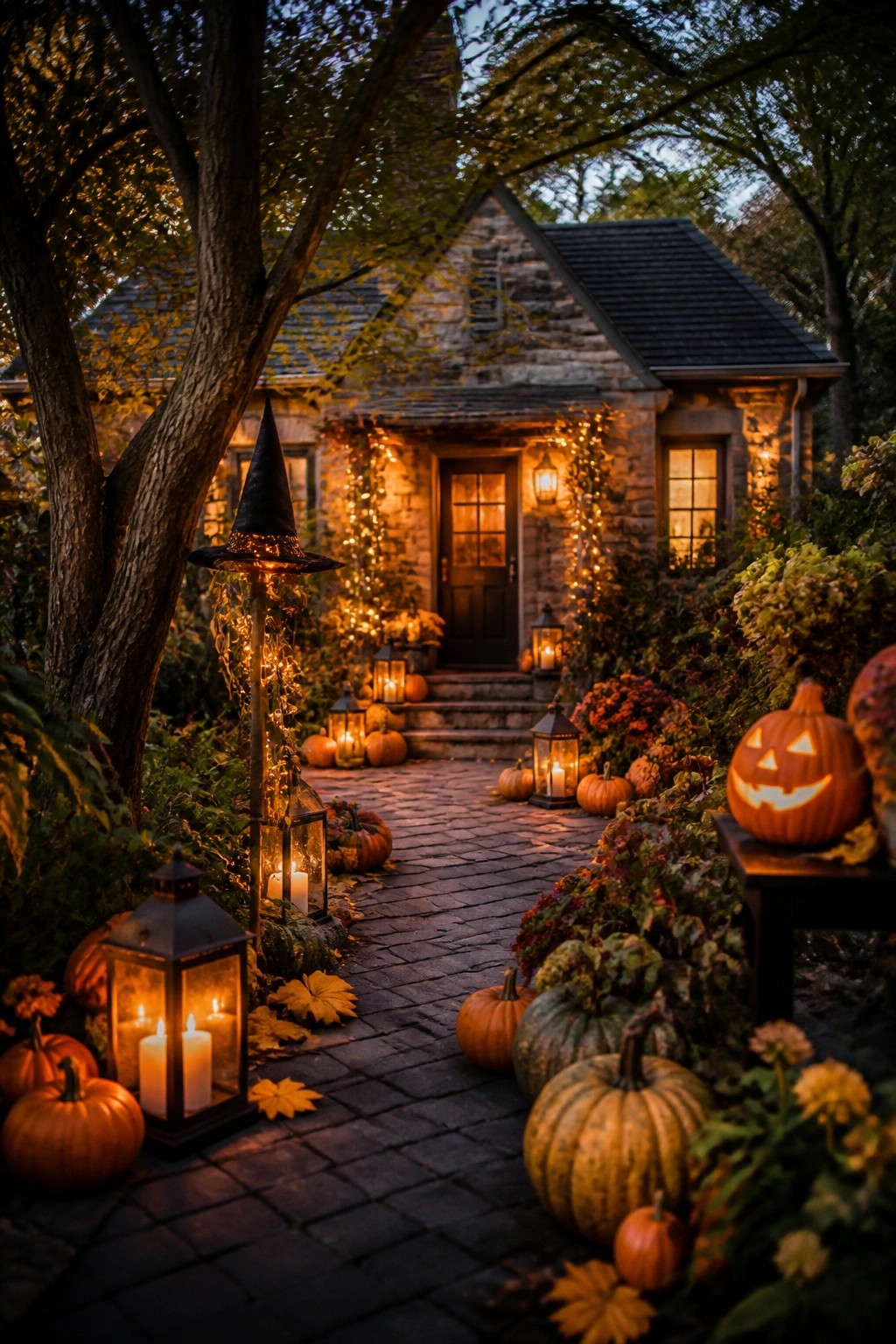 Stone house entrance with a cobblestone path lined by carved jack-o-lanterns and glowing black lanterns at dusk.