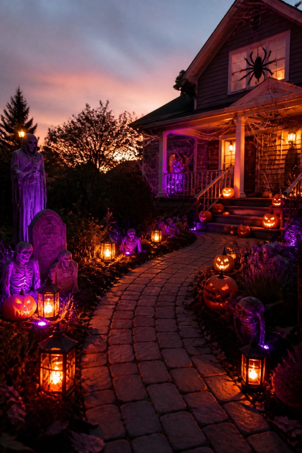 Stone walkway bordered by skeleton figures, tombstones, and lanterns leading toward a spider-decorated house porch.