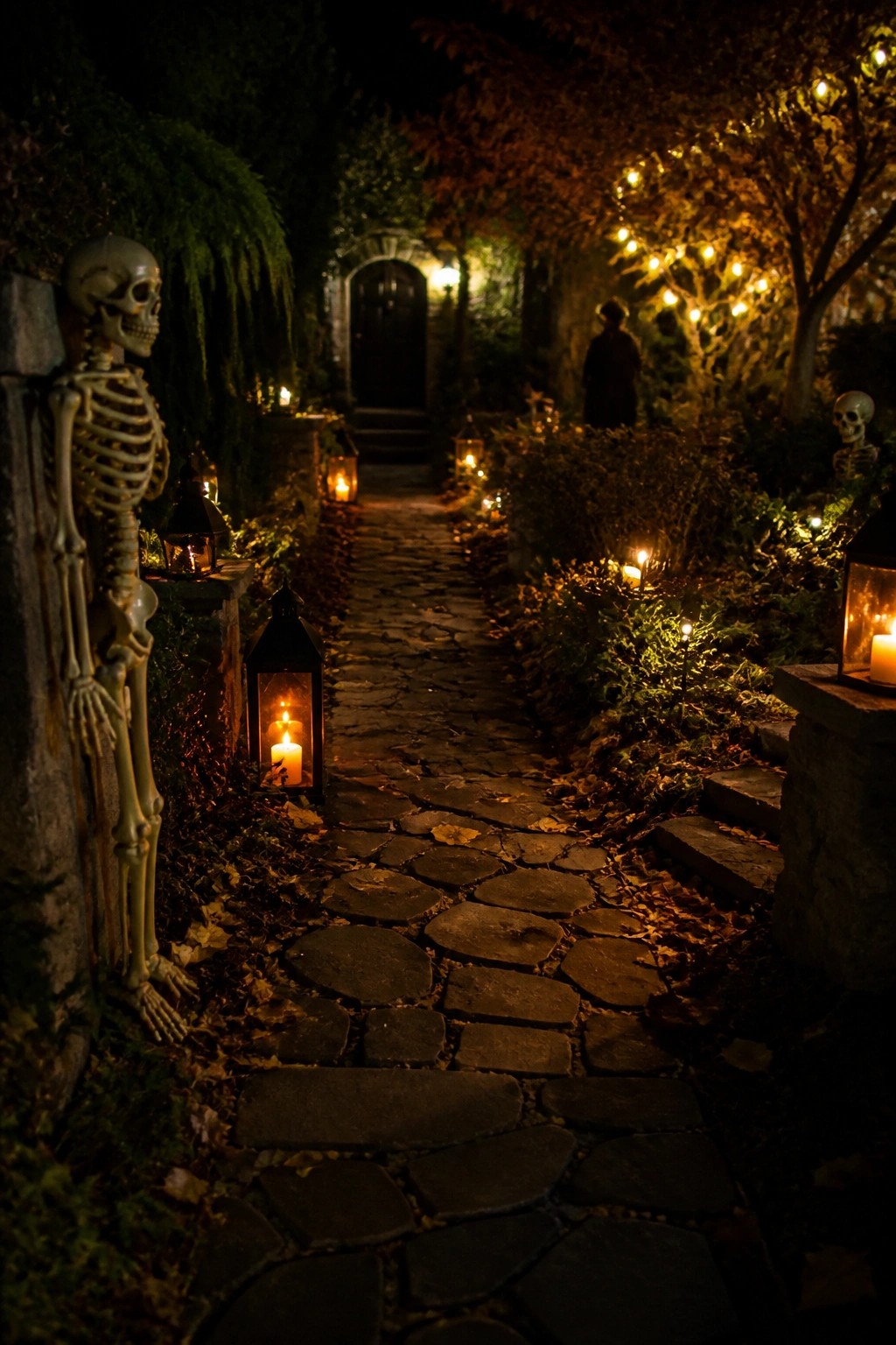 Nighttime stone path lined with glowing lanterns, skeletons, and string lights