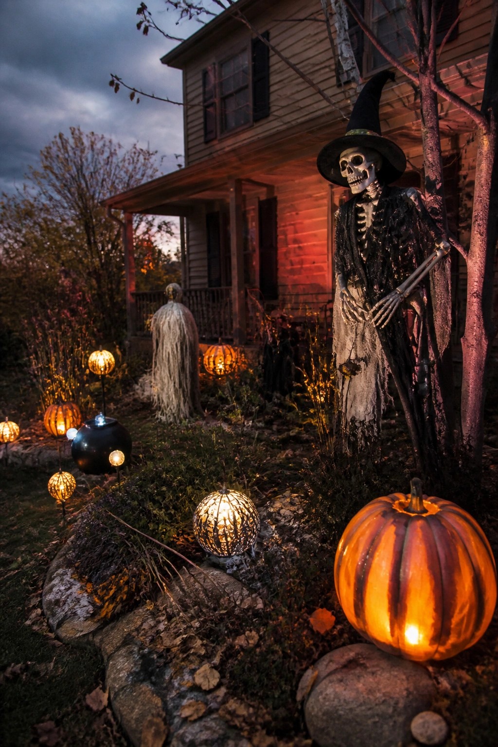 Front yard Halloween display featuring a tall skeleton in a witch hat and costume standing among trees, with glowing jack-o'-lanterns and hanging ghosts near a house.