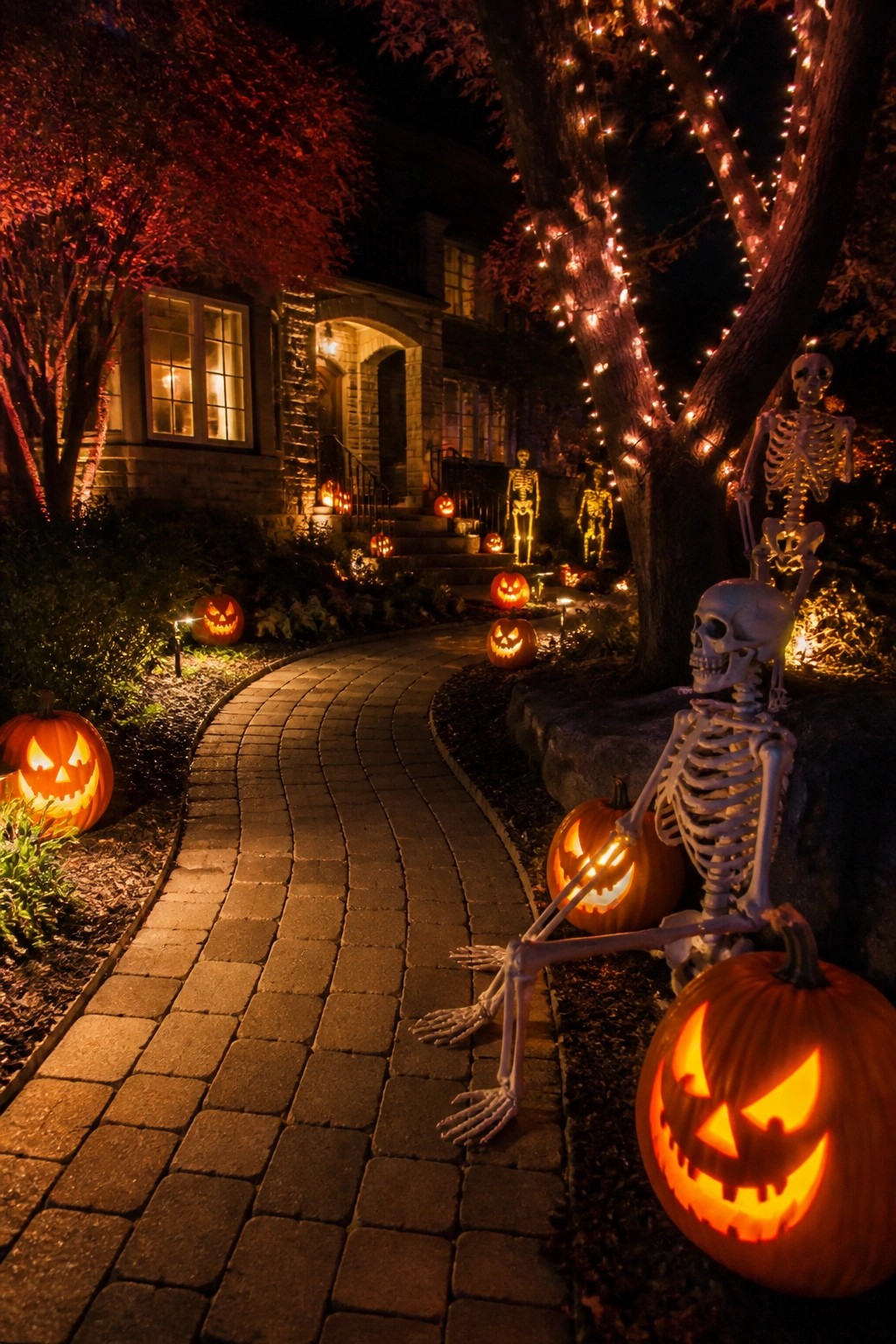 Nighttime brick walkway lined with glowing jack-o'-lanterns and multiple plastic skeletons posed near trees in front of a stone house.