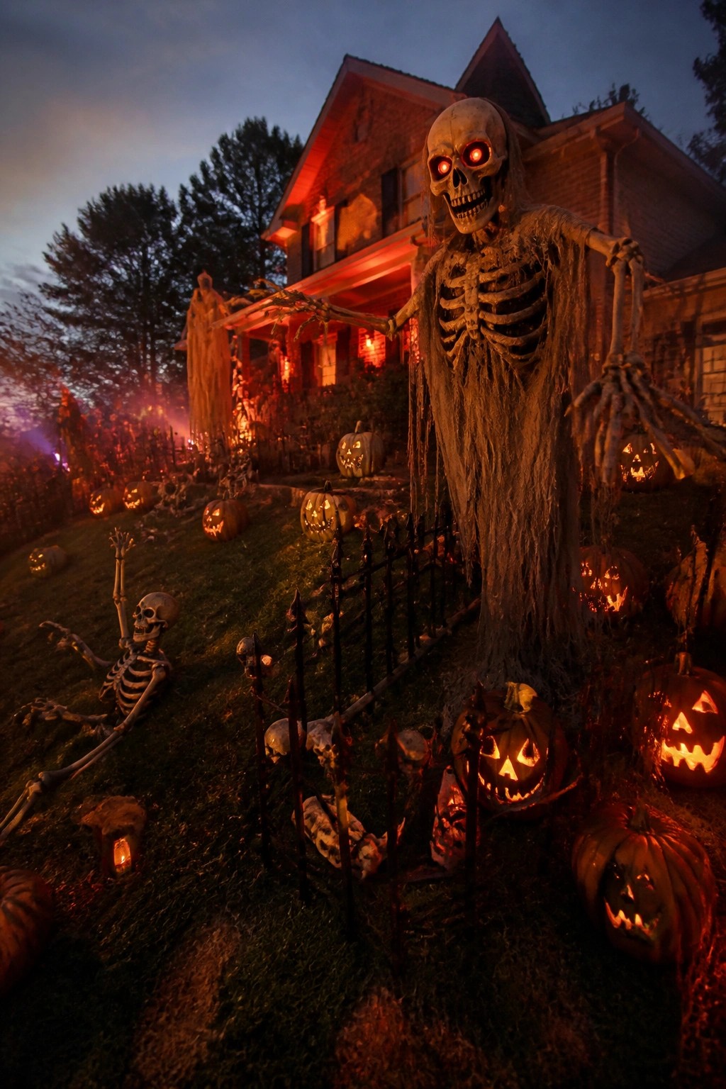 A large skeleton figure with glowing red eyes stands in a front yard surrounded by carved jack o lanterns and smaller skeleton props on the grass.