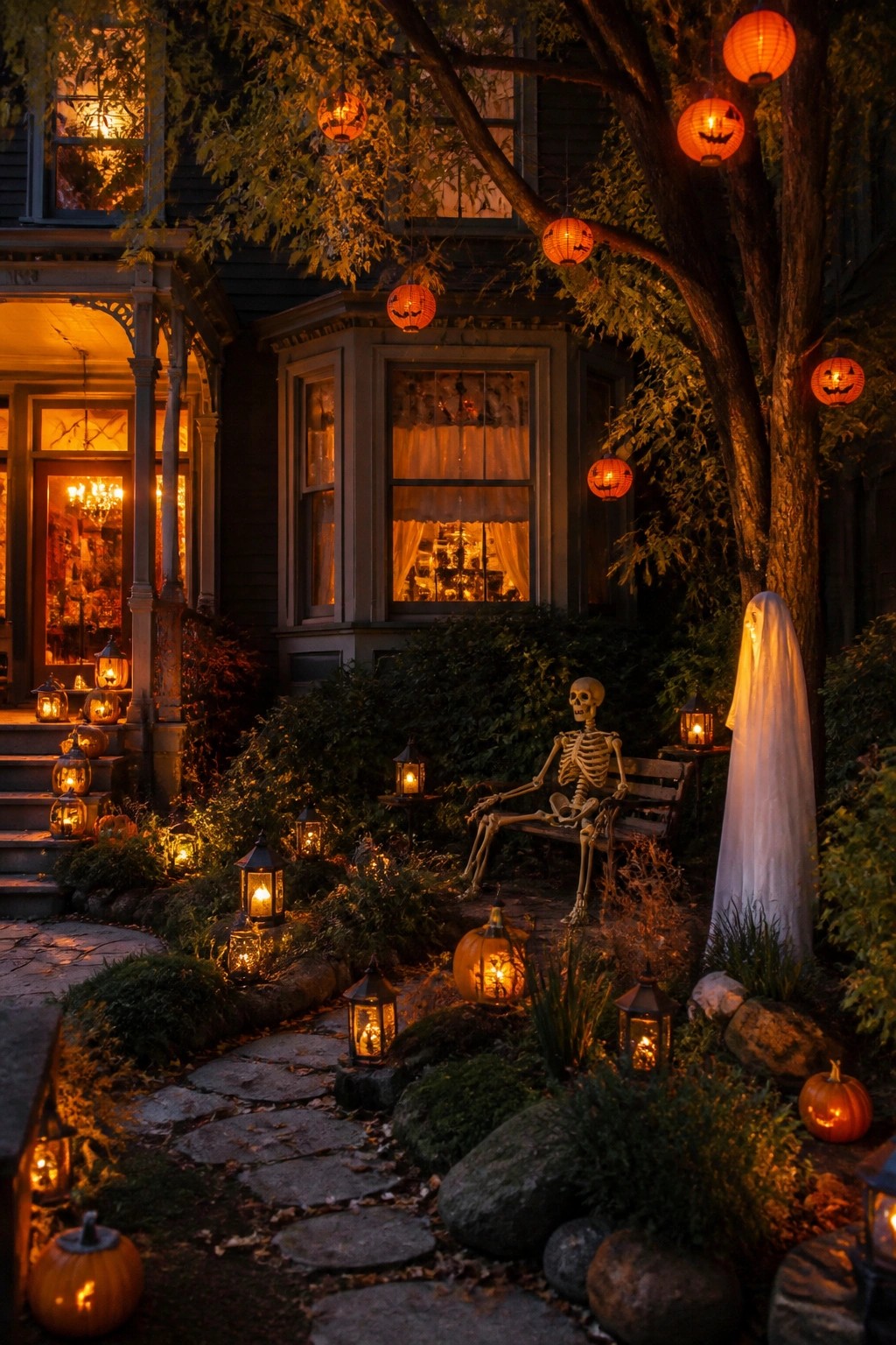 Yard display with a skeleton seated on a bench and a white ghost figure standing beside it, surrounded by glowing jack-o'-lanterns and lanterns along a stone path.