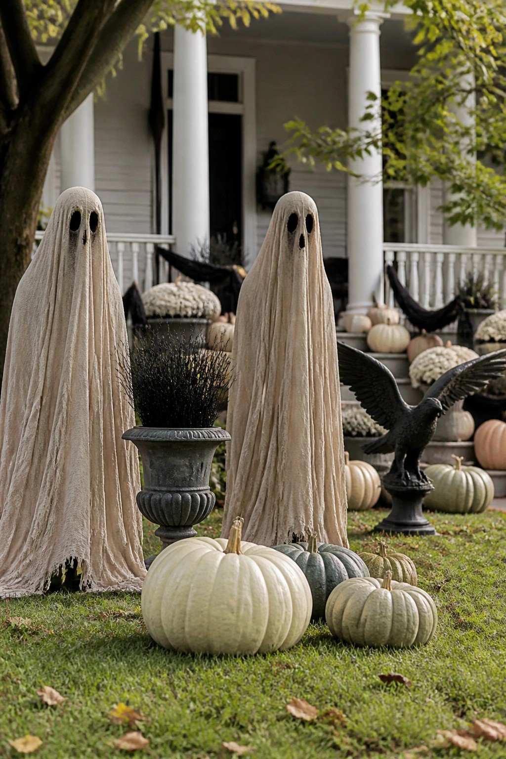 Two large white fabric ghosts stand on a grassy yard in front of a porch lined with pumpkins and a black bird statue.