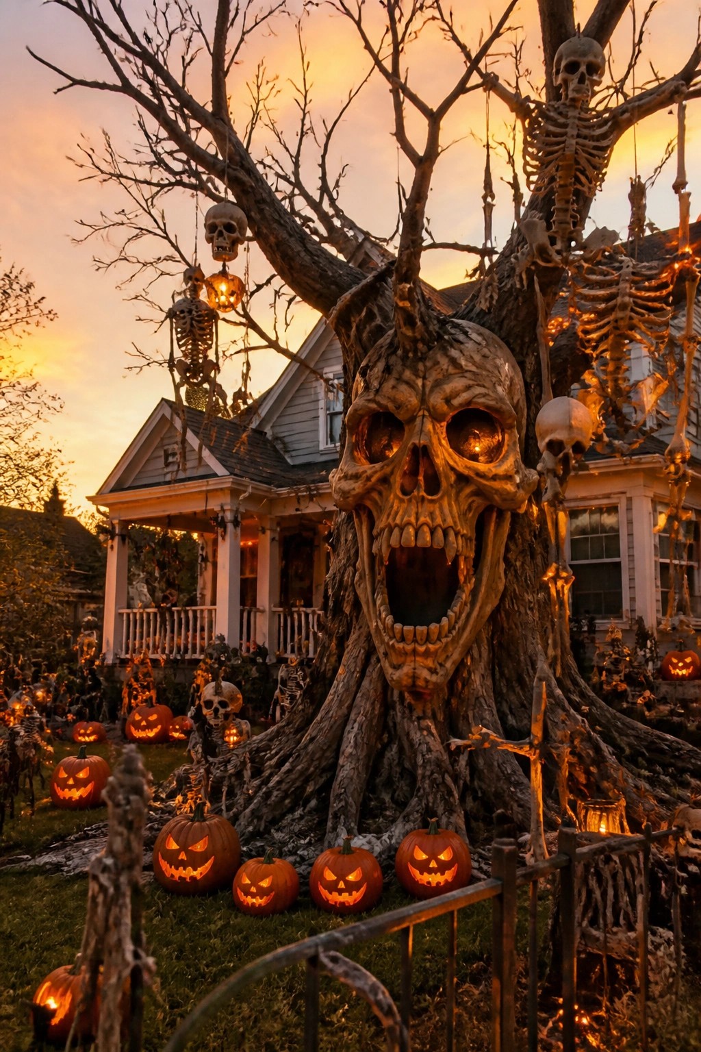 A large tree in a front yard decorated with a giant carved skull, hanging skeletons, and multiple lit jack o lanterns on the ground.