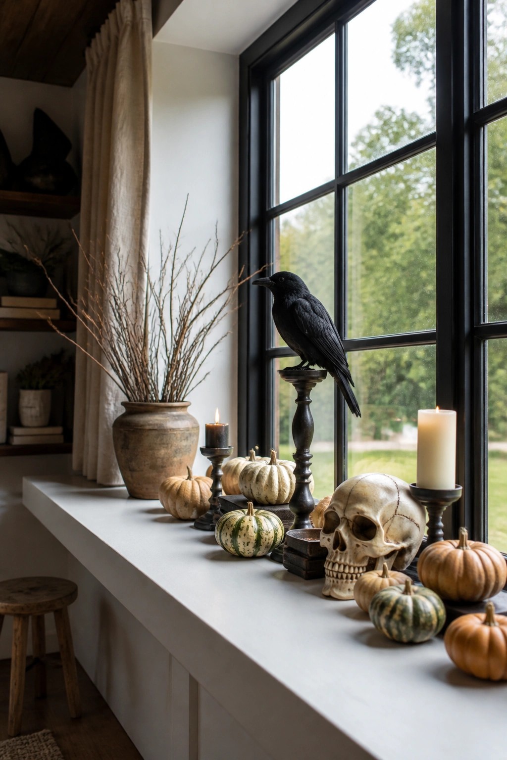 Windowsill decorated with a human skull, black crow on a stand, small pumpkins, and lit candles.