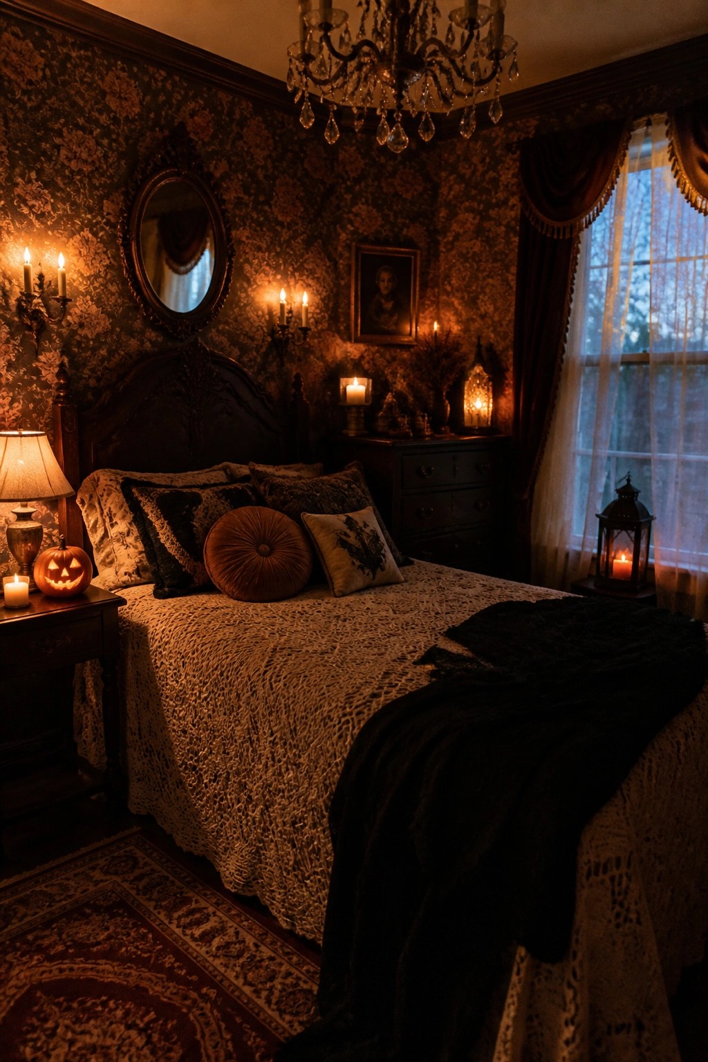 Gothic bedroom with lace-covered bed, flickering candles, pumpkin, and crystal chandelier.