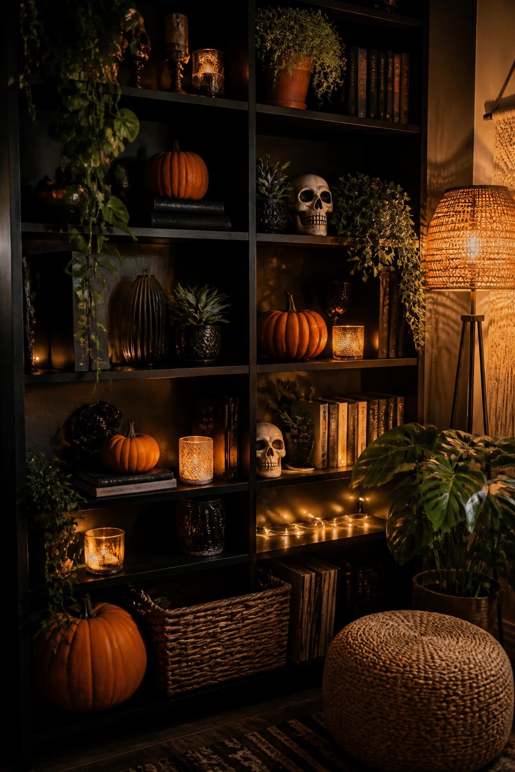 Dark built-in bookshelves styled with multiple skulls, orange pumpkins, lit candles, and string lights for Halloween.