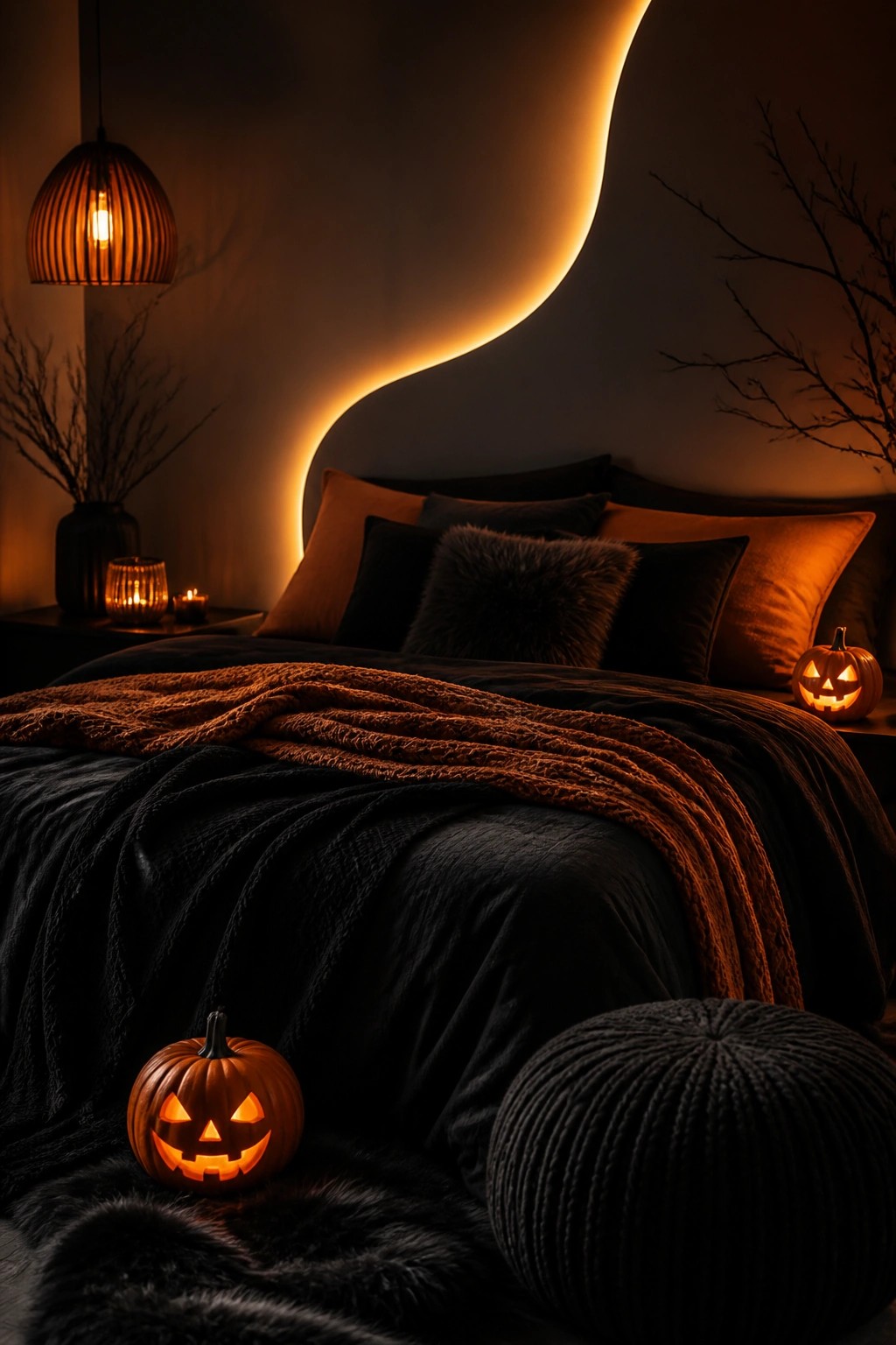 Cozy Halloween bedroom with black bedding, glowing jack-o'-lanterns, and warm orange lights.