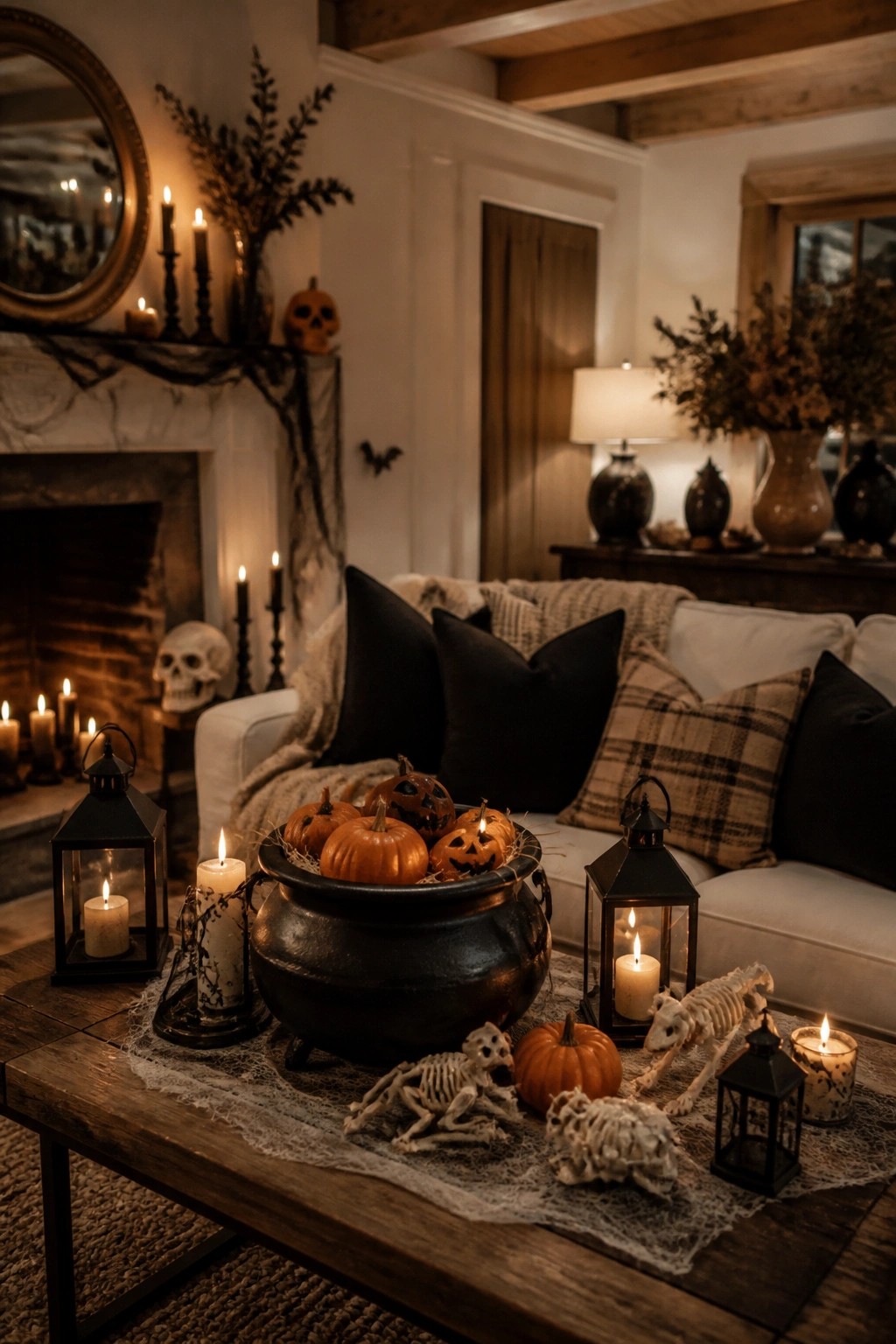 A wooden coffee table displays a black cauldron filled with carved pumpkins, small skeleton figures, and black lanterns in a living room.