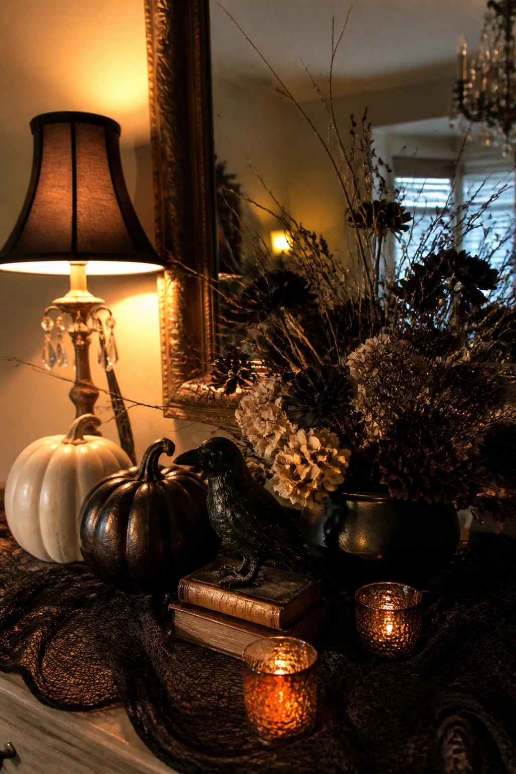 A tabletop Halloween vignette with a black crow figurine on stacked books, white and black pumpkins, a dark vase of dried flowers, and glowing candles on black lace.