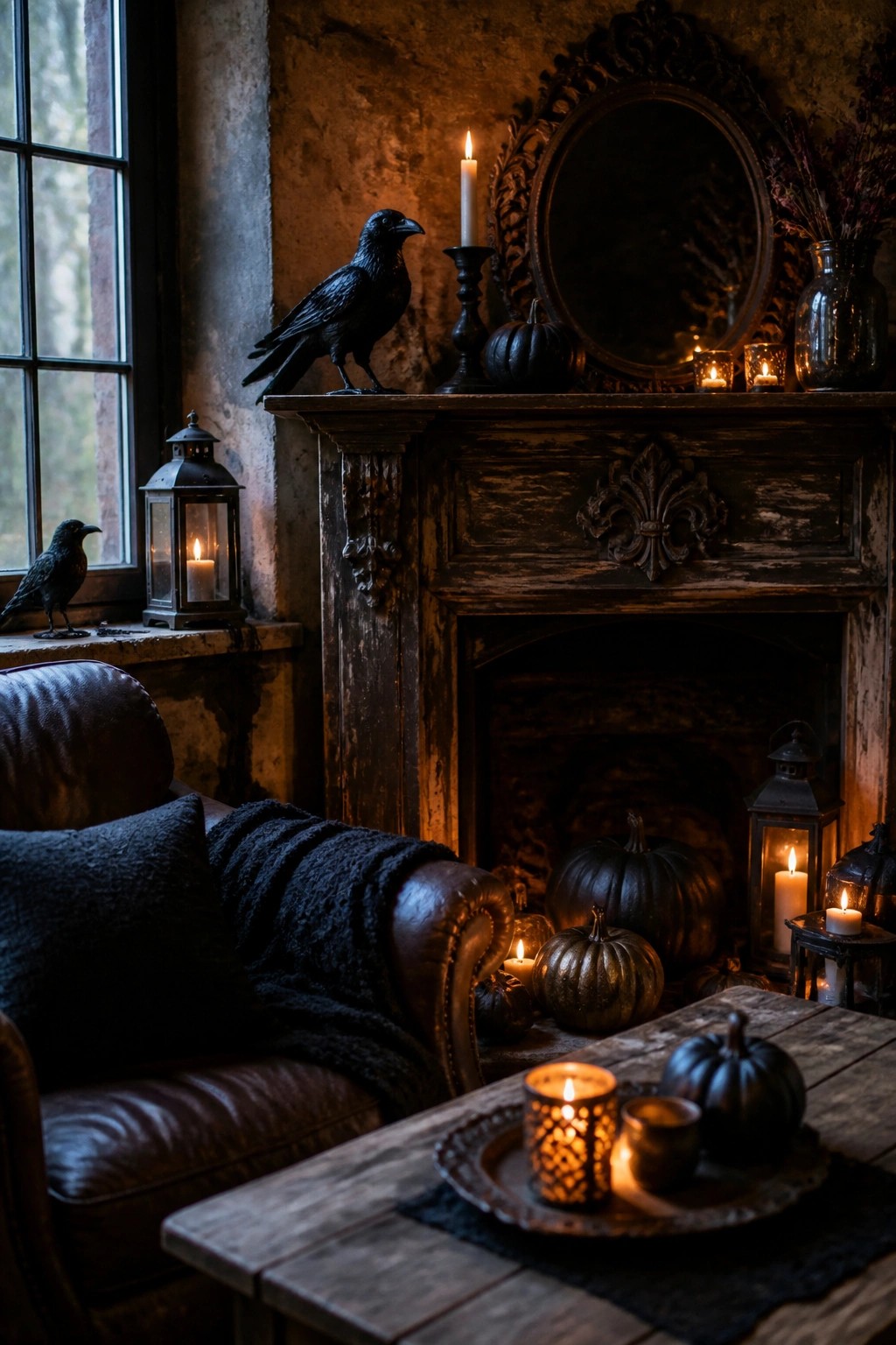 Living room fireplace mantel styled with black crows, black pumpkins, and lit candles in front of an ornate mirror.