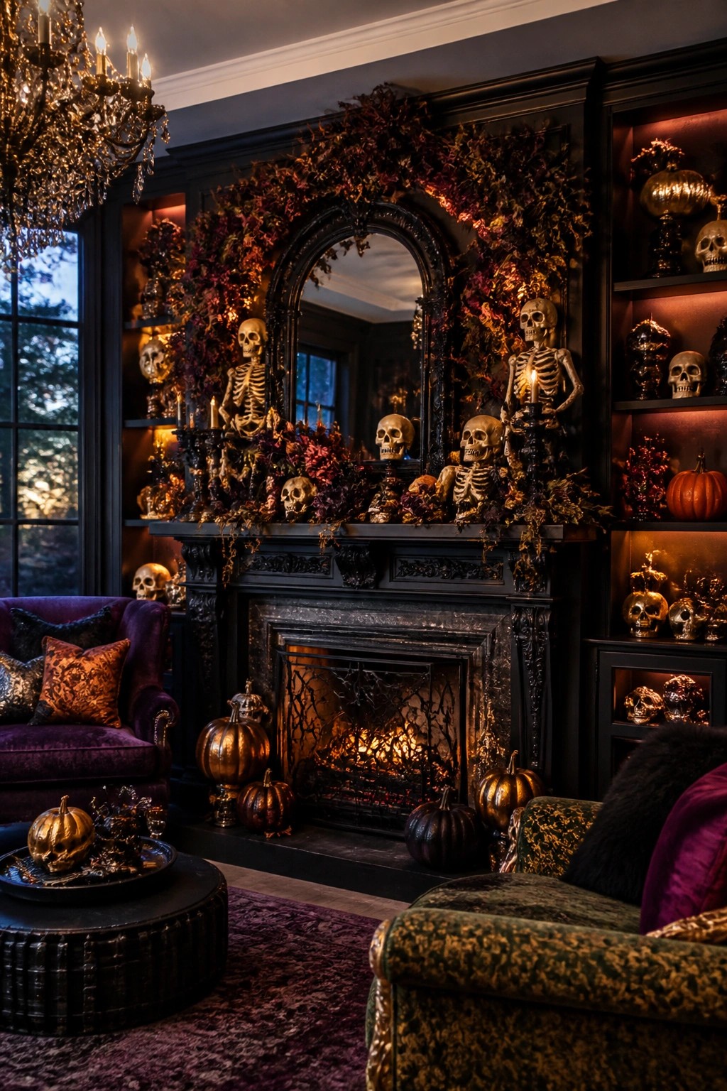 Dark living room mantel styled with gold skeletons, skulls, and candles surrounded by dark foliage.