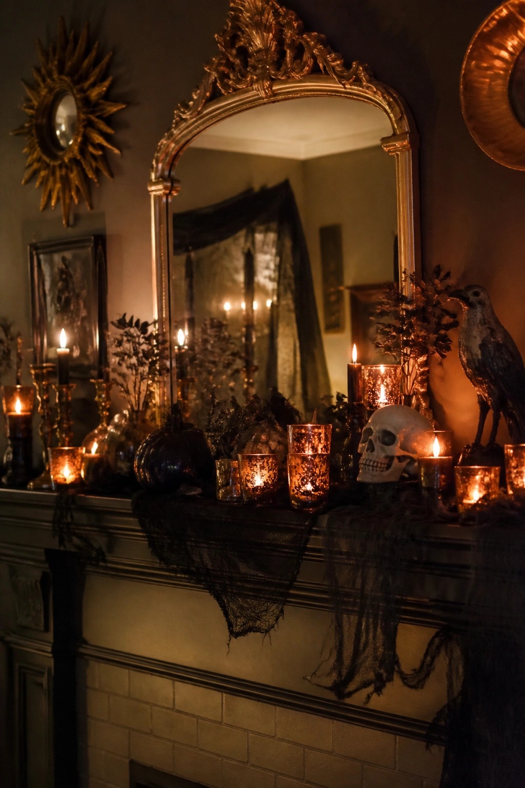 Gothic Halloween mantel with skull, raven, candles, pumpkins, and ornate gold mirror
