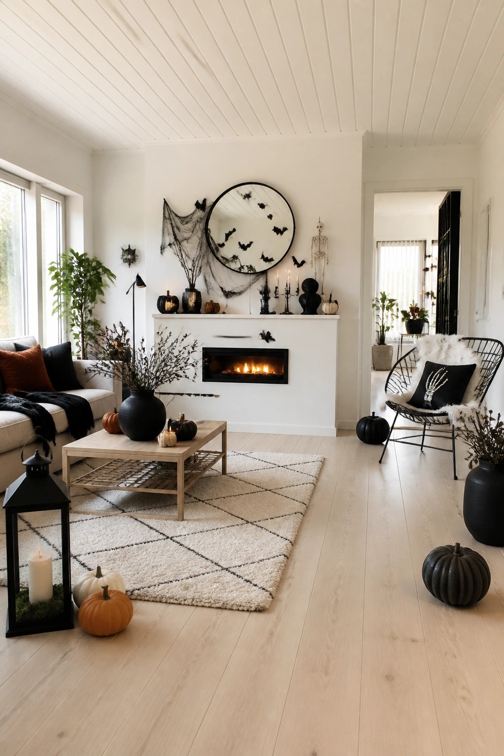 Living room mantel with black bats arranged around a round mirror, spiderweb fabric on one side, candles, and a standing skeleton figure next to the fireplace.