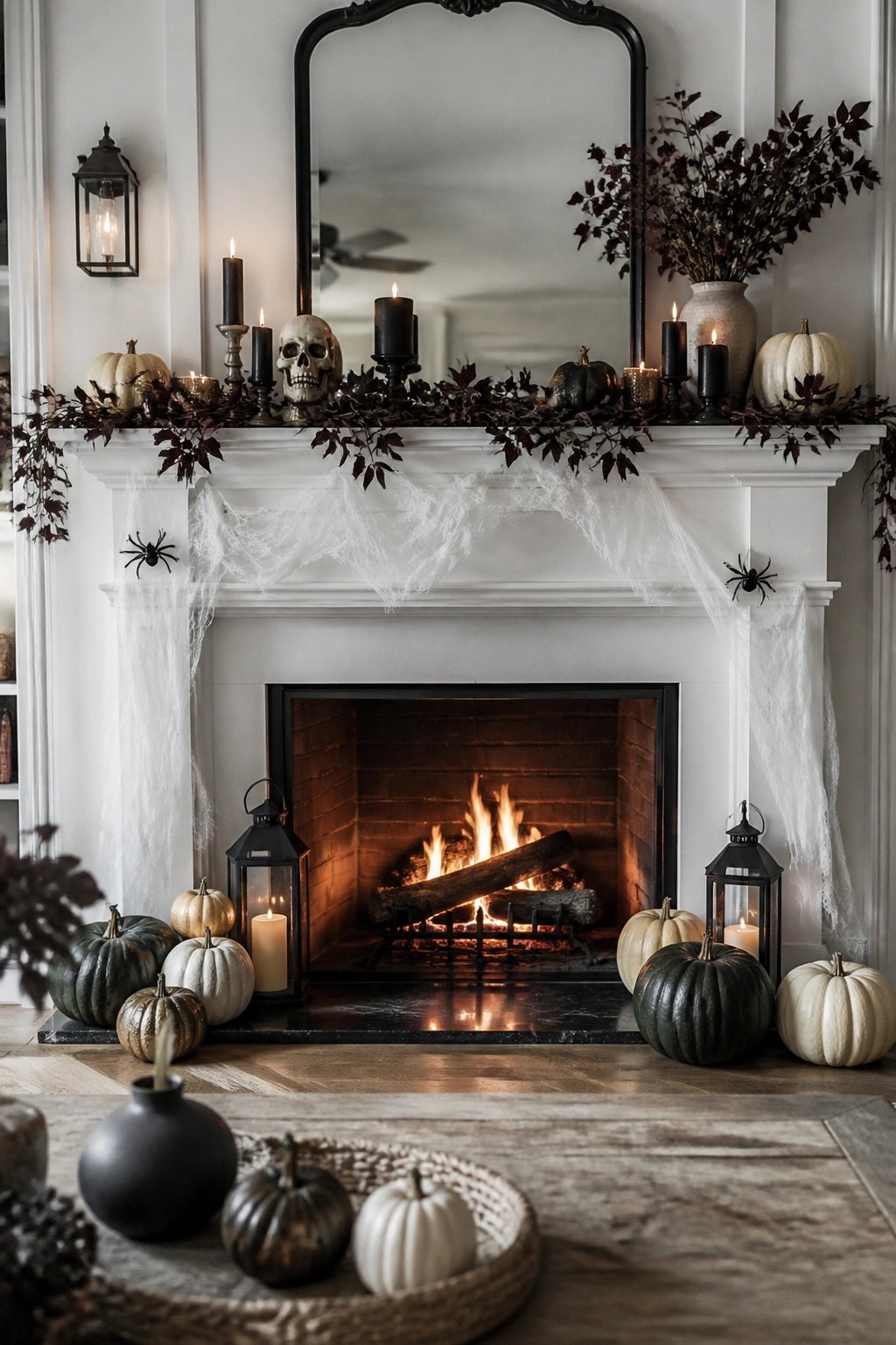 White fireplace mantel styled with draped cobwebs, a skull, black candles, and pumpkins for Halloween.