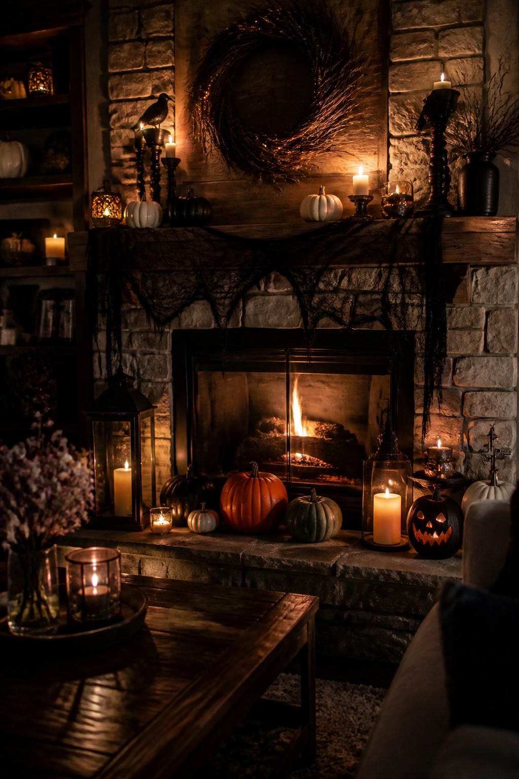 Stone fireplace with black spiderwebs draped across the mantel, pumpkins, candles, and a large wreath above the firebox.