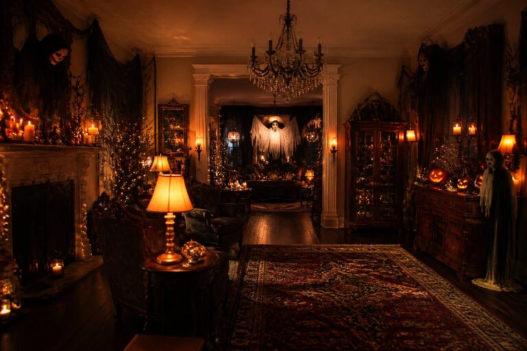 25 Spooky Halloween Room Decor Ideas to Transform Your Space Cozy Halloween living room with jack-o'-lantern, leather sofa, fireplace, and glowing lanterns