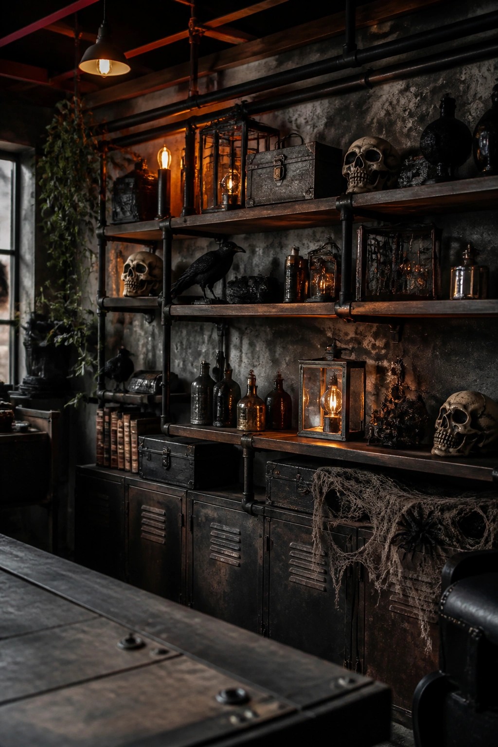Industrial shelves styled with multiple skulls, black crows, glass bottles, and lanterns against a dark textured wall.