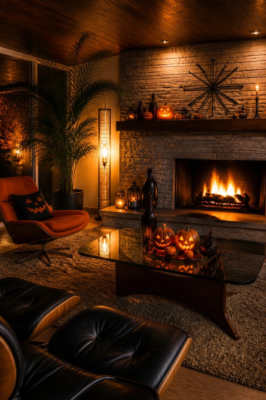 Cozy mid-century room with glowing jack-o'-lanterns, stone fireplace, orange chair, and glass table.