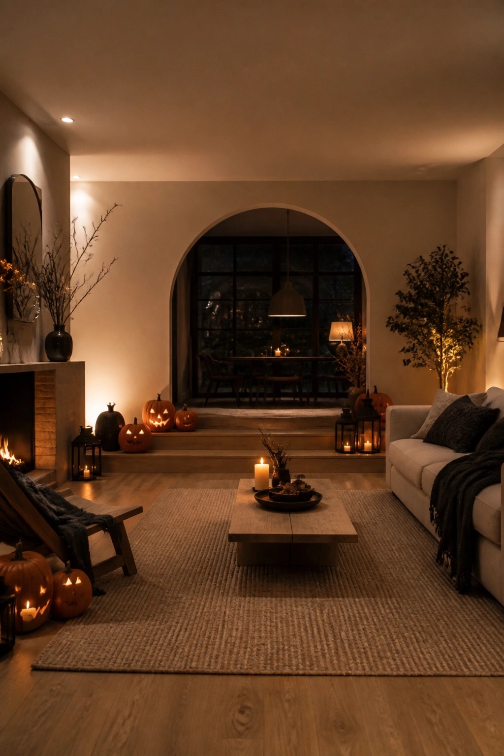 Living room with multiple carved and lit jack o lanterns clustered around a stone fireplace and on nearby steps.