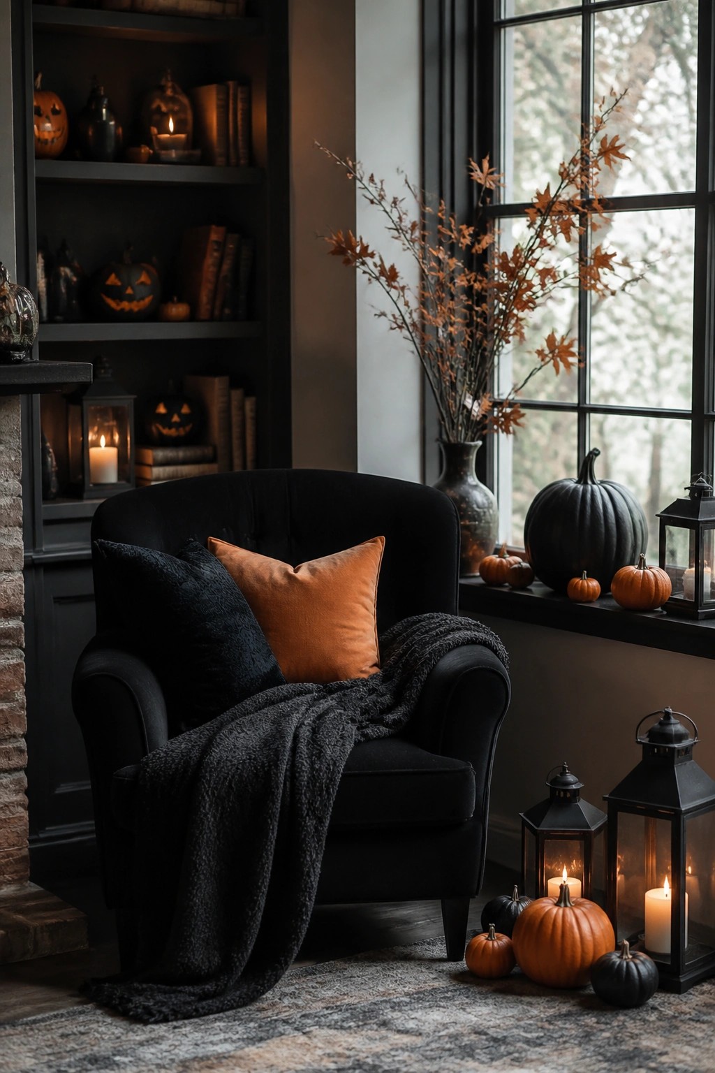 Black armchair in a living room with carved jack o lanterns on dark shelves, black and orange pumpkins on the windowsill, and lit lanterns on the floor.