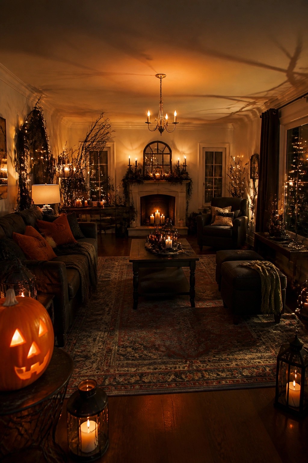 Cozy Halloween living room with jack-o'-lantern, leather sofa, fireplace, and glowing lanterns