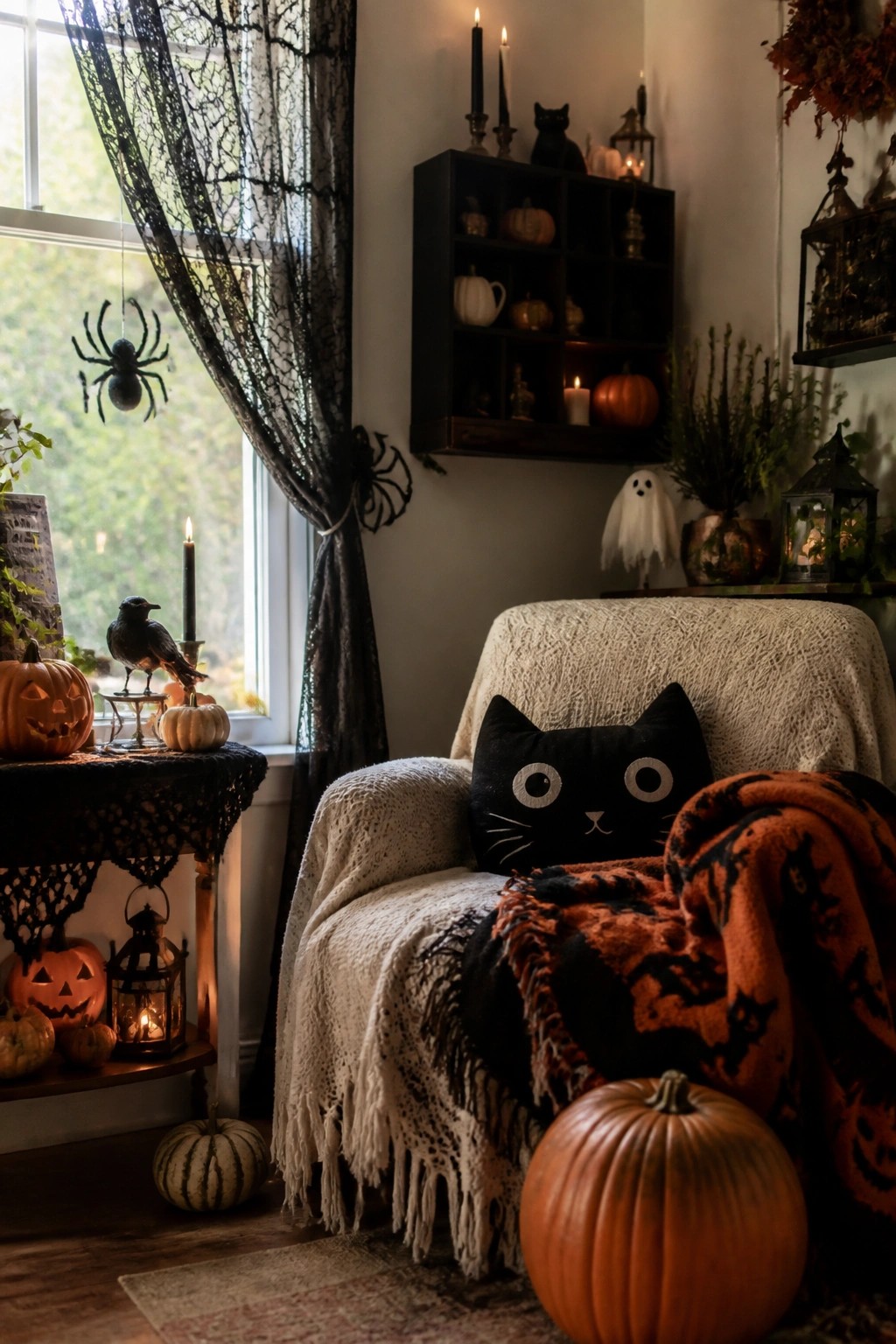 Living room corner with black lace spiderwebs draped over curtains, a hanging spider by the window, a black cat pillow on an armchair, and carved pumpkins nearby.