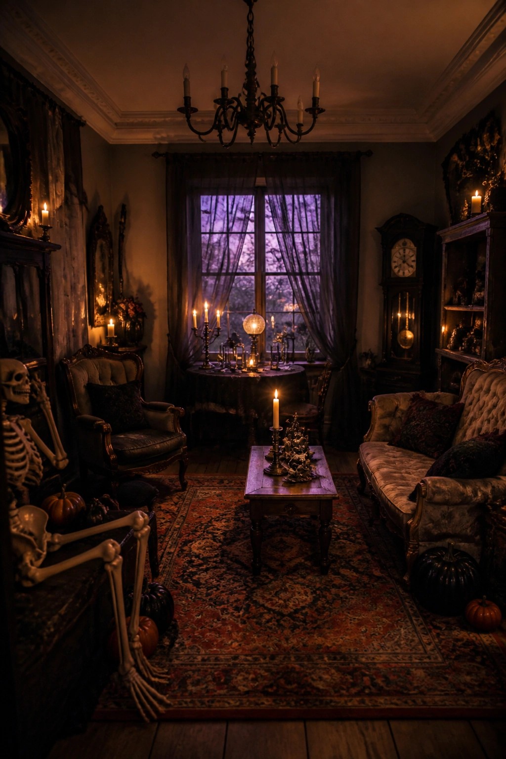 Gothic parlor with skeleton, lit candles, pumpkins, chandelier, and ornate dark furniture.