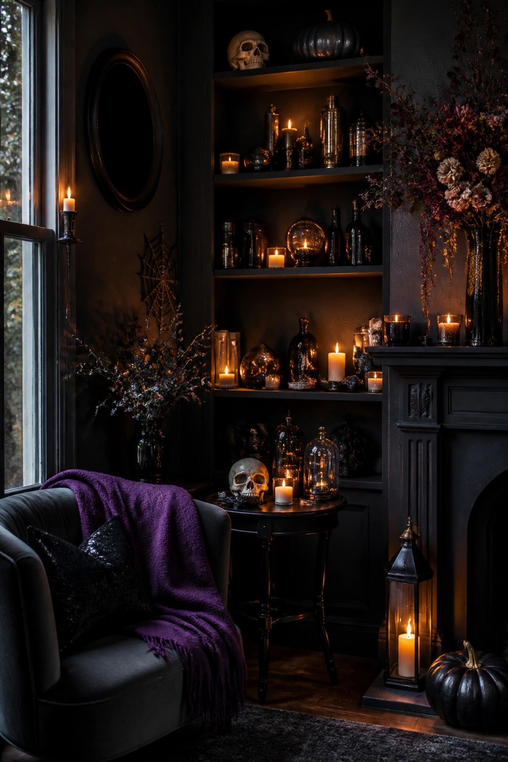 Living room corner with a black fireplace mantel and built-in shelves styled with multiple skulls, skeletons, candles, and dark glass bottles.
