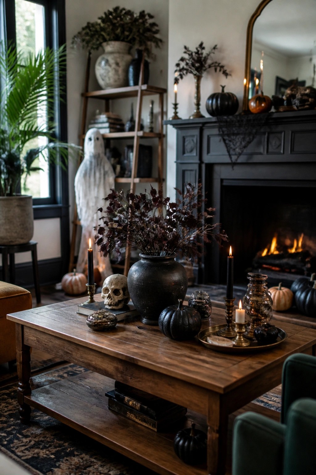 Wooden coffee table with a skull on stacked books, black pumpkins, dark foliage in a vase, and lit candles in a living room with a fireplace.