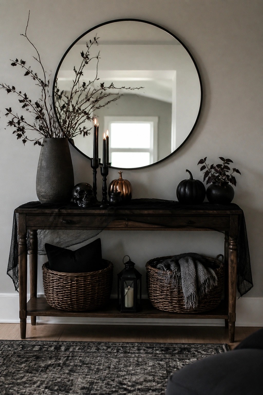 Dark wooden console table with round mirror, black candles, pumpkins, and skull.