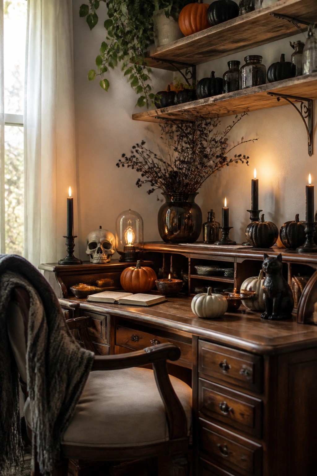 Wooden desk decorated for Halloween with lit black candles, a skull, black cat figurine, pumpkins, and dark branches in a vase.