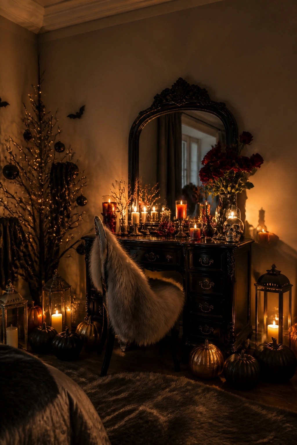Gothic black vanity with ornate mirror, lit candles, skull, roses, fur chair, and pumpkins.