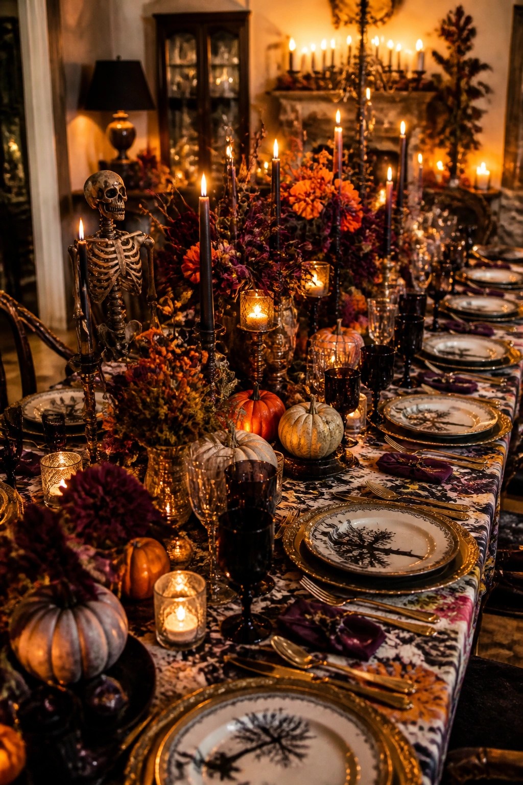 Dining table decorated for Halloween with a skeleton centerpiece holding a lit candle, black taper candles, dark florals, and pumpkins along the length of the table.