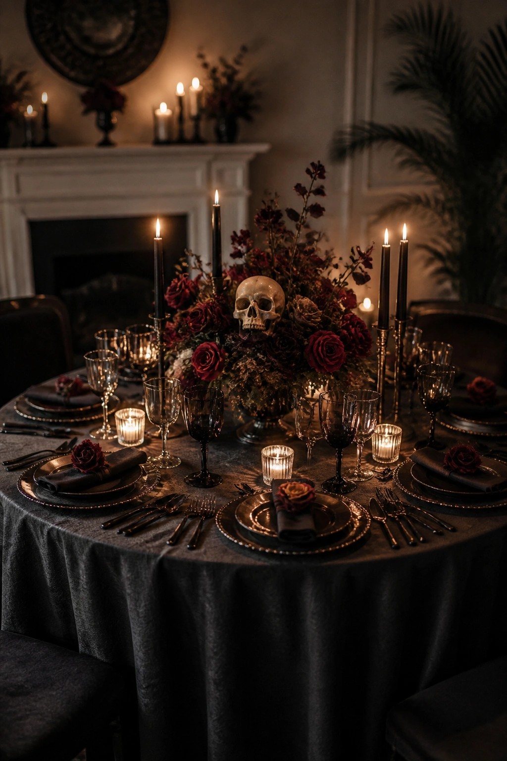 Round dining table with a central floral arrangement featuring a white skull, dark red roses, black candles, and black tableware on a dark tablecloth.