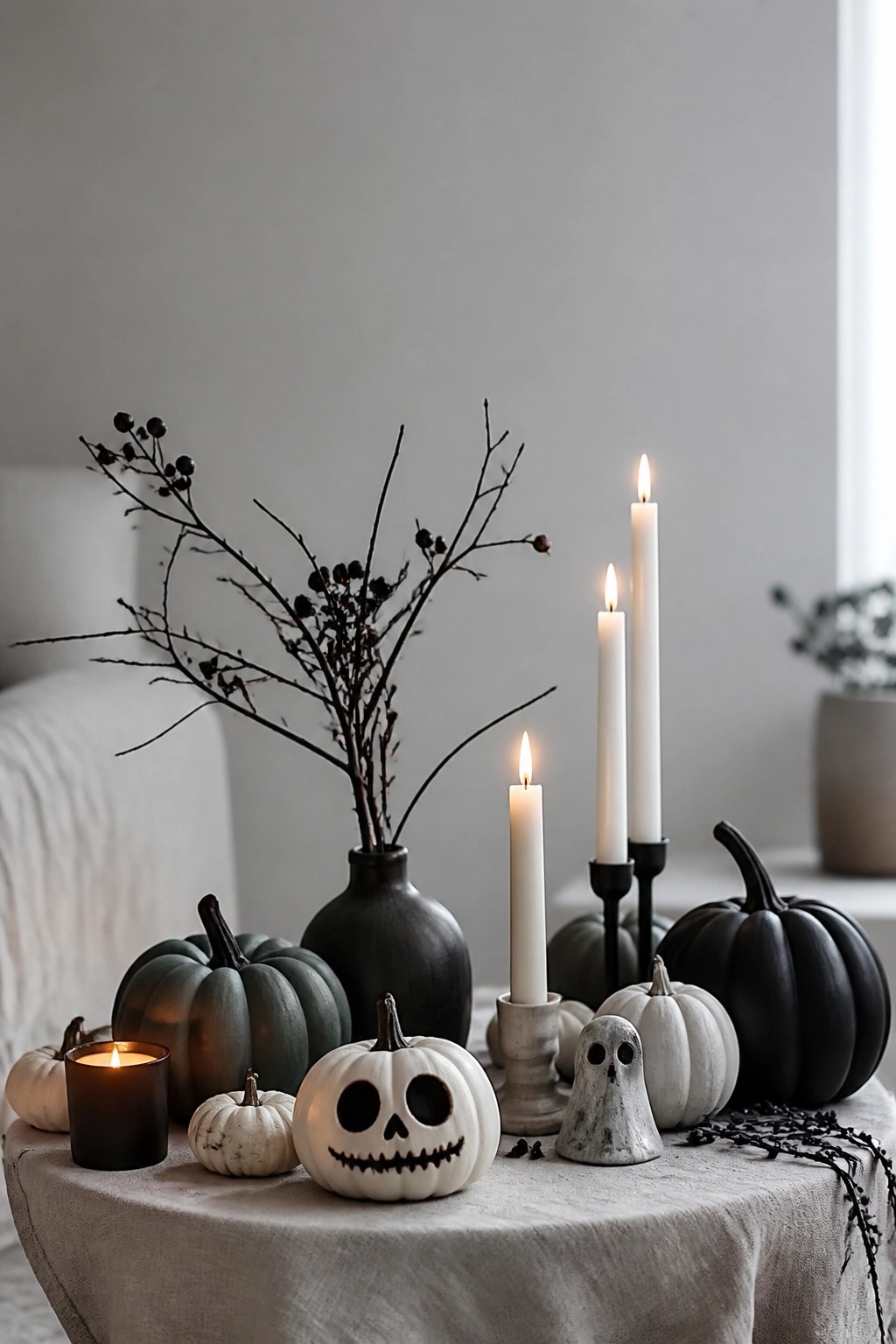 Minimalist Halloween table with painted pumpkins, lit candles, skull face, and ghost figurine