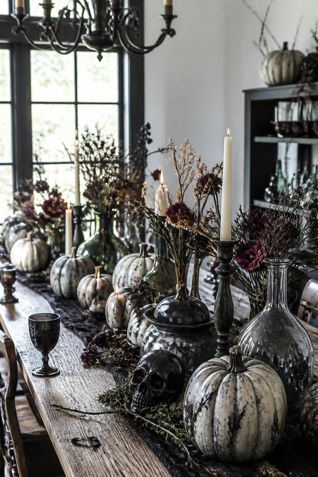 Rustic table with marbled pumpkins, black skulls, lit candles, and dried florals.