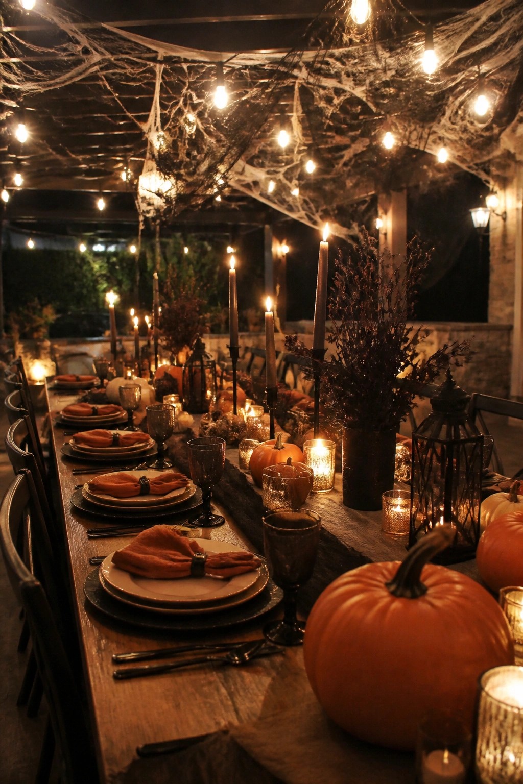 Elegant Halloween table with pumpkins, orange napkins, candles, and spiderweb lights.